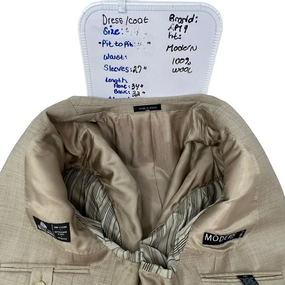 APT 9 Modern Fit Mens Wool Two Button Suit Jacket Sport Coat Size 44L Beige
